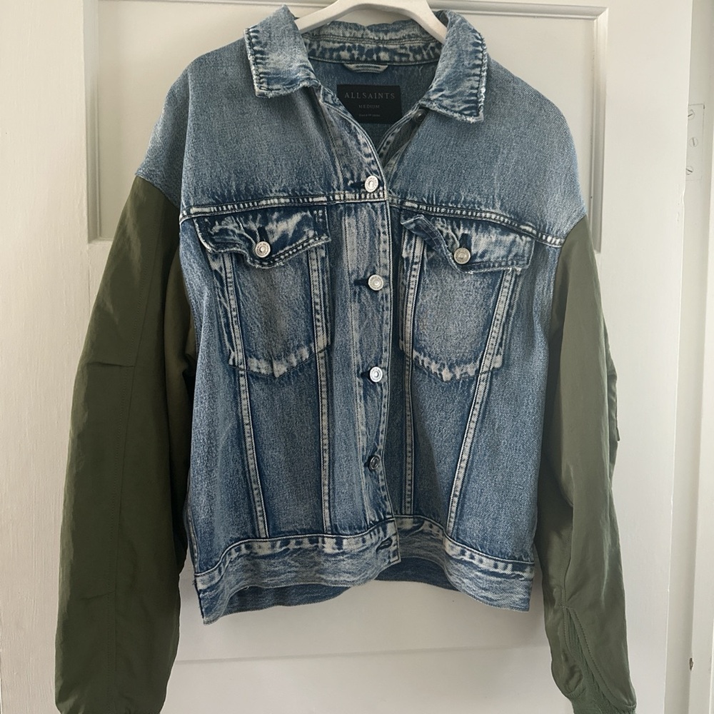 All Saints Blue Denim Jacket with Green Sleeves bomber jacket